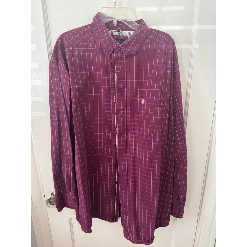 Ariat Pro Series Mens XXLT Maroon Windowpane Plaid Button Down Shirt Tall